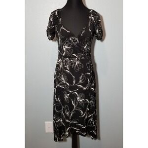 Lush Womens Small Black Floral Faux Wrap Dress Retro Office Preppy Minimalist